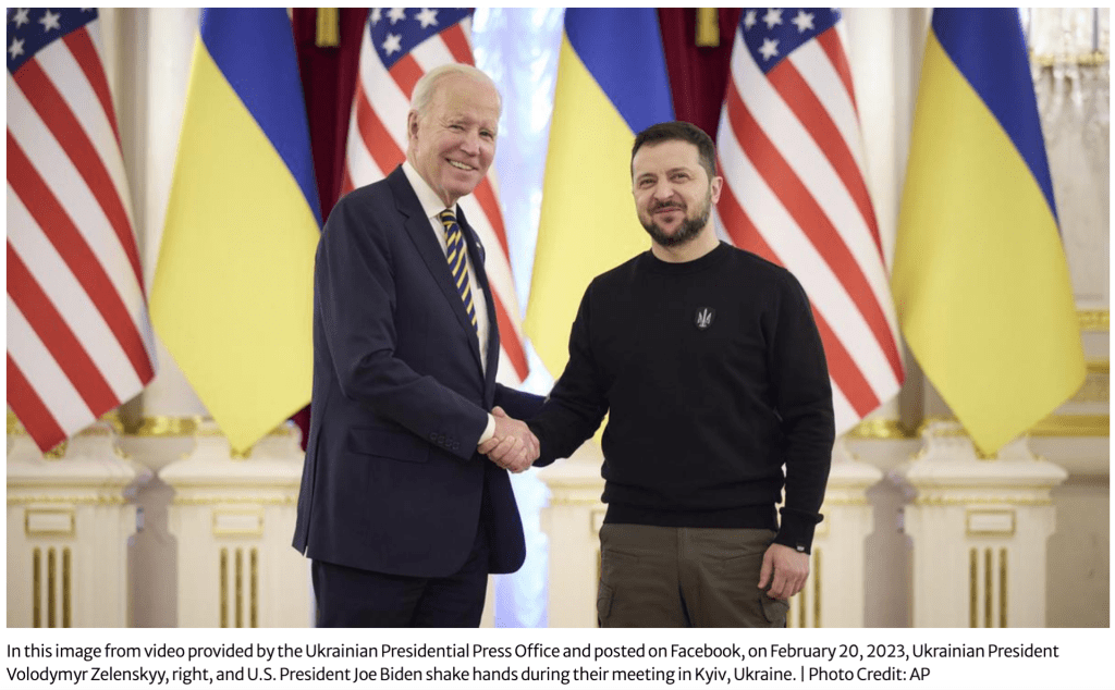 Biden and Zelenskyy shake hands during Biden's surprise trip to Ukraine in support of the war's 1 year anniversary 