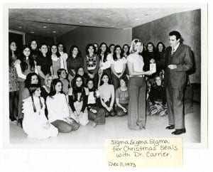 Dr. Carrier with Sigma Sigma Sigma in 1973. JMU Special Collections.